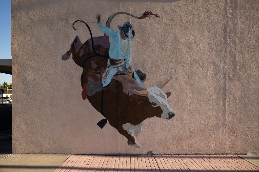 A mural of a bull rider painted on a stucco wall shows a figure in a blue shirt and dark hat riding a bucking brown and white bull. The artwork is stylized, with the rider’s arm raised and the bull mid-jump. Sunlight casts shadows on the textured wall and sidewalk below.
