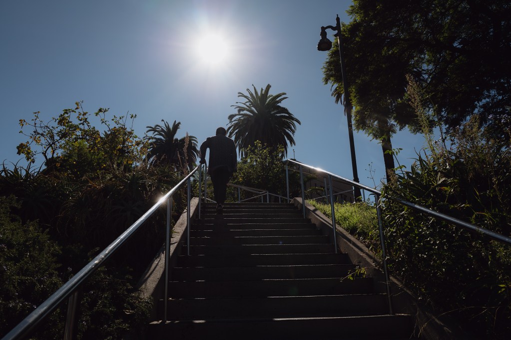 The silhouette of a person reaching the top of a flight of stairs at a park on a sunny day.