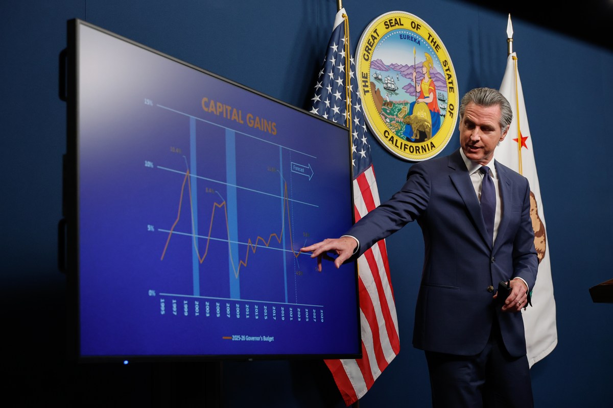 Gov. Gavin Newsom discusses the state’s economic conditions during a press conference on the 2025-26 budget in Sacramento on May 14, 2025. Photo by Fred Greaves for CalMatters