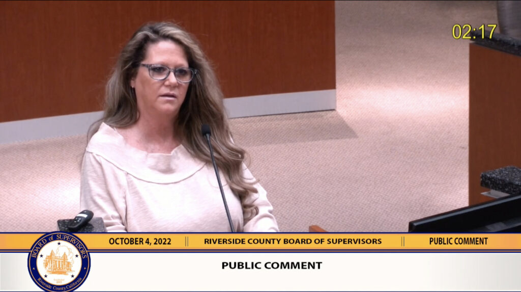Shelby Bunch comments on election oversight at the Riverside County Board of Supervisors hearing on Oct. 4, 2022. Screenshot via the Riverside County Board of Supervisors