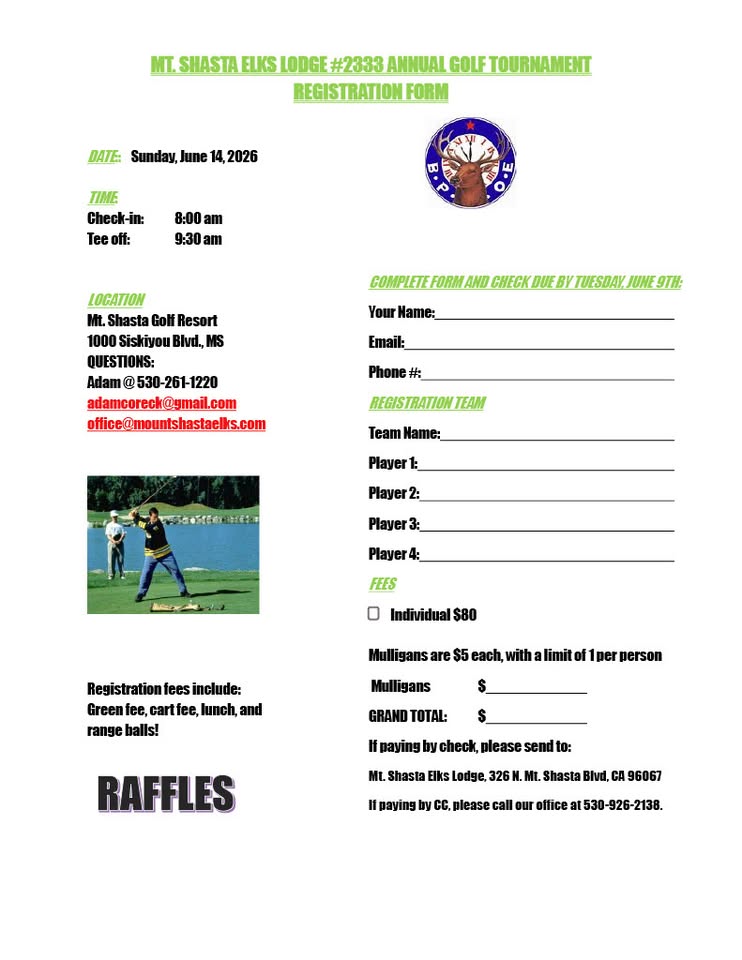 Mt. Shasta Elks 2026 Golf Tournament